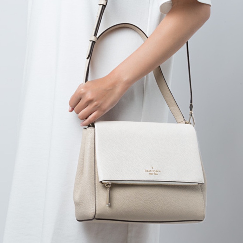 NWT Kate Spade Leila Colorblock Pebbled Leather Flap Shoulder Bag Light Sand